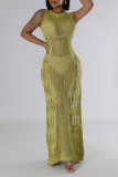 White Street Solid Color Ripped See-Through Patchwork O Neck Long Dresses