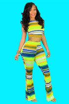 Green Fashion adult Sexy backless Print crop top Striped Two Piece Suits Boot Cut Sleeveless Tw