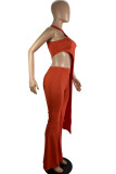 Tangerine Red Casual Solid Color Hollow Out Patchwork O Neck Short Sleeve Two Pieces