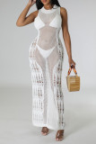 White Street Solid Color Ripped See-Through Patchwork O Neck Long Dresses