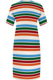 Multicolor Casual Striped Print Pocket Patchwork V Neck Straight Plus Size Dresses