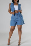 Blue Street Solid Color Pocket Buckle Buttons Zipper Patchwork V Neck Sleeveless Two Pieces