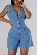 Blue Street Solid Color Pocket Buckle Buttons Zipper Patchwork V Neck Sleeveless Two Pieces