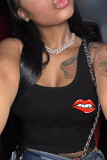 White Casual Lips Print Backless Patchwork U Neck Tops