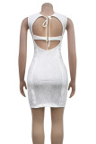 White Sexy Solid Color Hollow Out Backless Strap Design Patchwork U Neck Wrapped Skirt Dresses