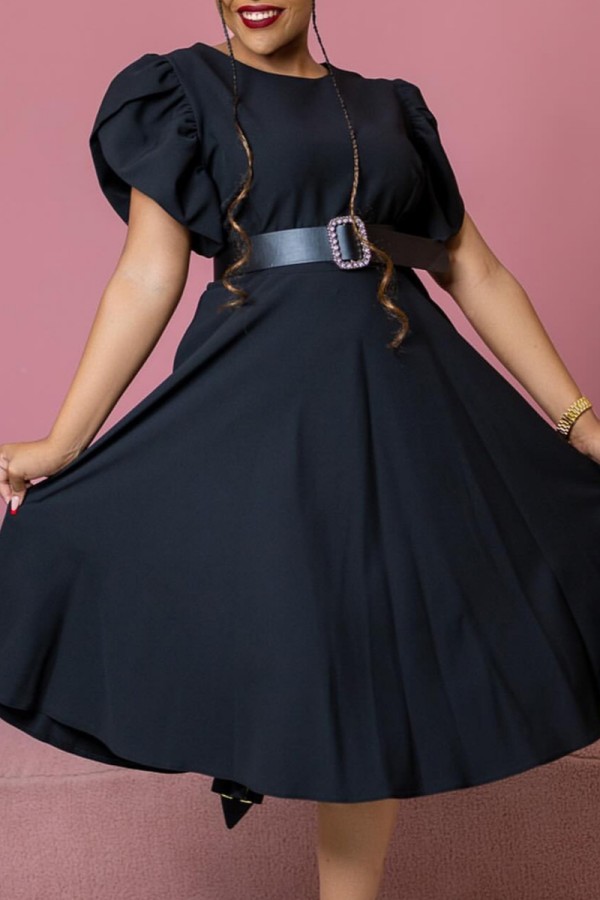 Black Casual Solid Color With Belt O Neck Short Sleeve Short Sleeve Dress