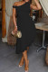 Black Celebrities Solid Color Patchwork Irregular Hem Oblique Collar Irregular Dresses