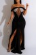 Black Sexy Formal Prom Patchwork Backless Slit Off Shoulder Evening Dresses