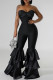 Black Sexy Casual Solid Color Backless Patchwork Strapless Skinny Jumpsuits