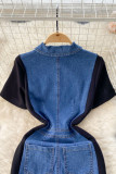 Blue Casual Pocket Buckle Slit Patchwork Contrast Turndown Collar Straight Dresses