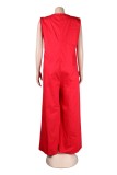 Red Casual Solid Color Basic O Neck Loose Jumpsuits