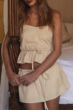 Khaki Casual Solid Color Buckle Strap Design Patchwork Ruffle Hem Strapless Sleeveless Two Pieces