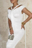 White Celebrities Solid Color Ruched Patchwork Off Shoulder Long Dresses