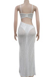 White Sexy Hollow Out See-Through Backless Hot Drill Patchwork Spaghetti Strap Long Dresses