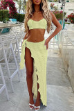 Yellow Sexy Solid Color Backless High Slit Patchwork Spaghetti Strap Sleeveless Two Pieces