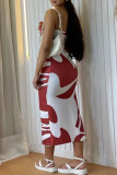 Red Celebrities Print Backless Slit Patchwork Strapless Long Dresses