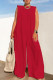 Red Casual Solid Color Basic O Neck Loose Jumpsuits