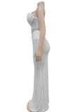 White Sexy Hollow Out See-Through Backless Hot Drill Patchwork Spaghetti Strap Long Dresses