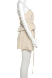 Khaki Casual Solid Color Buckle Strap Design Patchwork Ruffle Hem Strapless Sleeveless Two Pieces