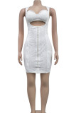 White Sexy Solid Color Hollow Out Backless Strap Design Patchwork U Neck Wrapped Skirt Dresses