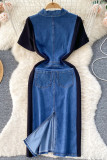 Blue Casual Pocket Buckle Slit Patchwork Contrast Turndown Collar Straight Dresses