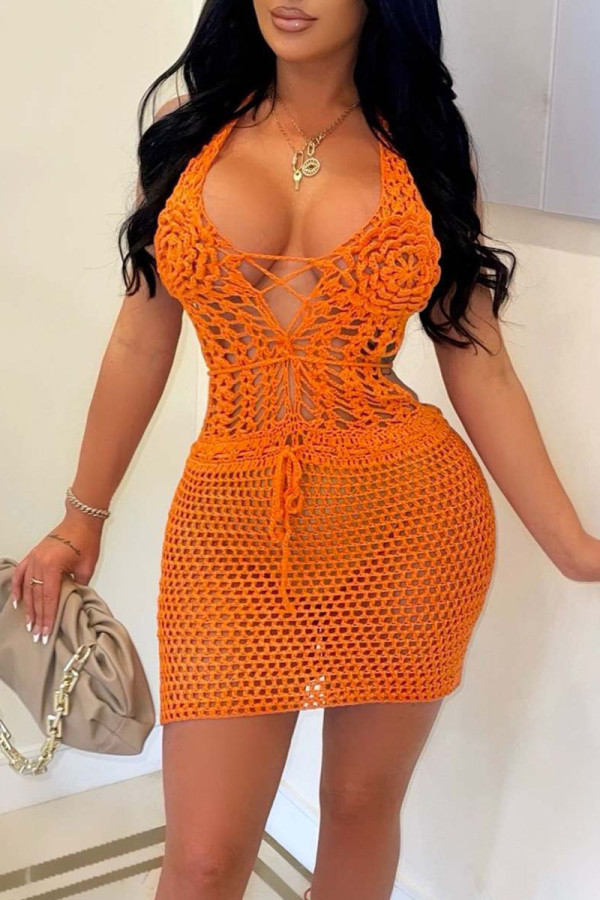 Orange Sexy Solid Color Hollow Out Lace Up Backless Halter Beach Dresses
