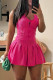 Rose Red Sexy Solid Color Buckle Ruched Patchwork U Neck A Line Dresses