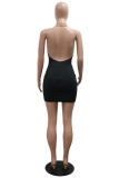Black Sexy Patchwork Backless Ruched Halter Wrapped Skirt Dresses