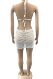 Orange Sexy Solid Color Hollow Out Lace Up Backless Halter Beach Dresses
