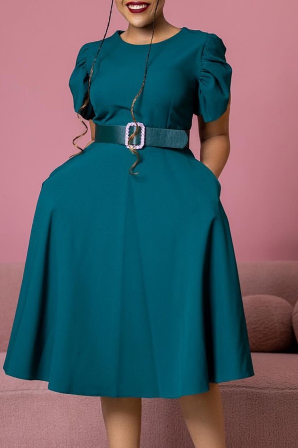 Green Casual Solid Color With Belt O Neck Short Sleeve Short Sleeve Dress