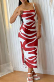 Red Celebrities Print Backless Slit Patchwork Strapless Long Dresses