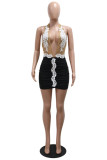 Black Sexy Patchwork Backless Ruched Halter Wrapped Skirt Dresses