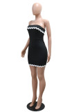 Black Sexy Casual Ripple Patchwork Backless Contrast Strapless Wrapped Skirt Dresses