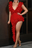 Red Sexy Solid Color Backless Irregular Deep V Neck Evening Dresses (Subject To The Actual Object)