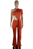 Tangerine Red Casual Solid Color Hollow Out Patchwork O Neck Short Sleeve Two Pieces