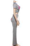 Blue Casual Print Draw String Slit Patchwork V Neck Short Sleeve Two Pieces