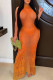Orange Street Solid Color Ripped See-Through Patchwork O Neck Long Dresses