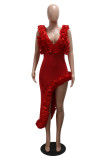 Red Sexy Solid Color Backless Irregular Deep V Neck Evening Dresses (Subject To The Actual Object)