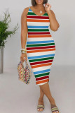 Colour Casual Rainbow Stripe Patchwork V Neck Wrapped Skirt Dresses