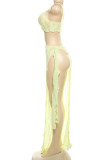 Yellow Sexy Solid Color Backless High Slit Patchwork Spaghetti Strap Sleeveless Two Pieces