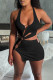 Black Sexy Solid Hollowed Out Patchwork Asymmetrical Halter Pencil Skirt Dresses