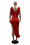Red Sexy Solid Color Backless Irregular Deep V Neck Evening Dresses (Subject To The Actual Object)