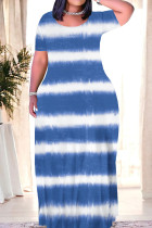 Blue Casual Tie Dye Patchwork O Neck Straight Dresses