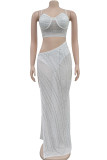 White Sexy Hollow Out See-Through Backless Hot Drill Patchwork Spaghetti Strap Long Dresses