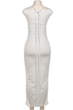 White Celebrities Solid Color Ruched Patchwork Off Shoulder Long Dresses