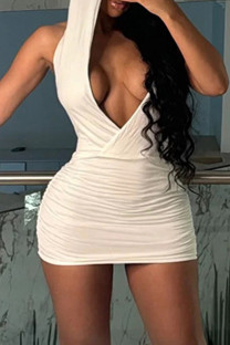 White Sexy Solid Color Patchwork Deep V Neck Wrapped Skirt Dresses