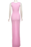Pink Celebrities Solid Color Patchwork O Neck Long Dresses