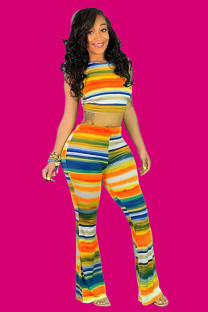 Orange Fashion adult Sexy backless Print crop top Striped Two Piece Suits Boot Cut Sleeveless Tw