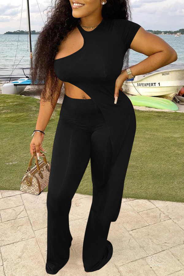 Black Casual Solid Color Hollow Out Patchwork O Neck Short Sleeve Two Pieces