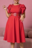 Red Casual Solid Color With Belt O Neck Short Sleeve Short Sleeve Dress